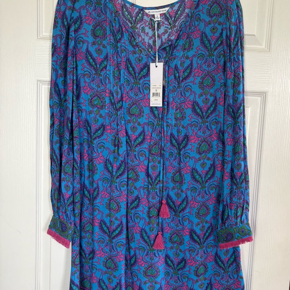 Southern Tide Blue Paisley Long Sleeve Dress with Pink & Green Accents
